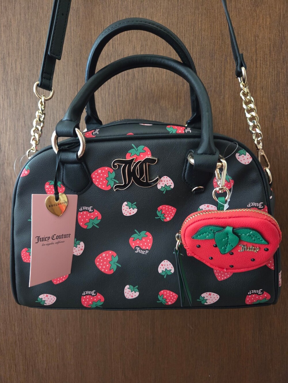 Juicy Couture Black Strawberry Print Satchel with Strawberry Coin Pouch NWT 🍓🍓